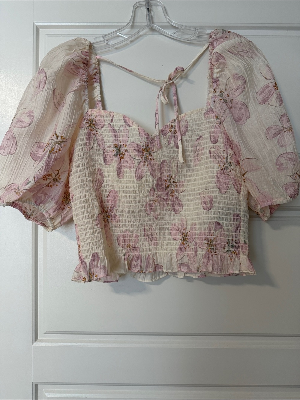 H&M Pink Floral Smocked Puff-Sleeve Crop Top